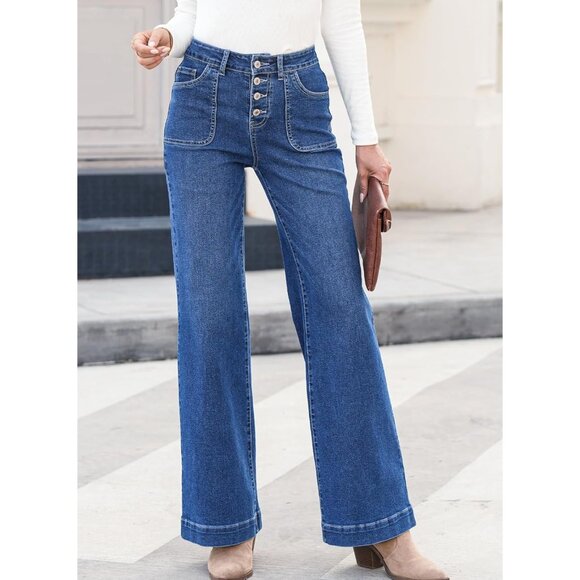 Women High Rise Straight Leg Jeans Stretch Denim Pants Inseam 29 Inches - Picture 2 of 9